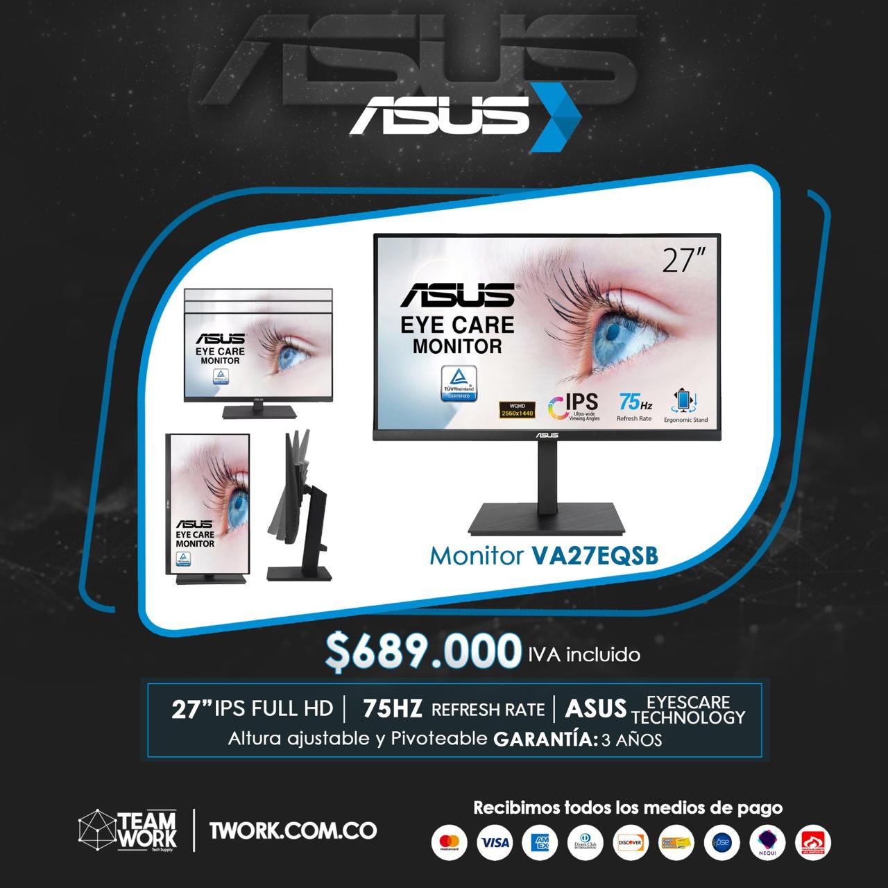 MONITOR ASUS DE ALTURA AJUSTABLE Y PIVOTEABLE DE 27"
