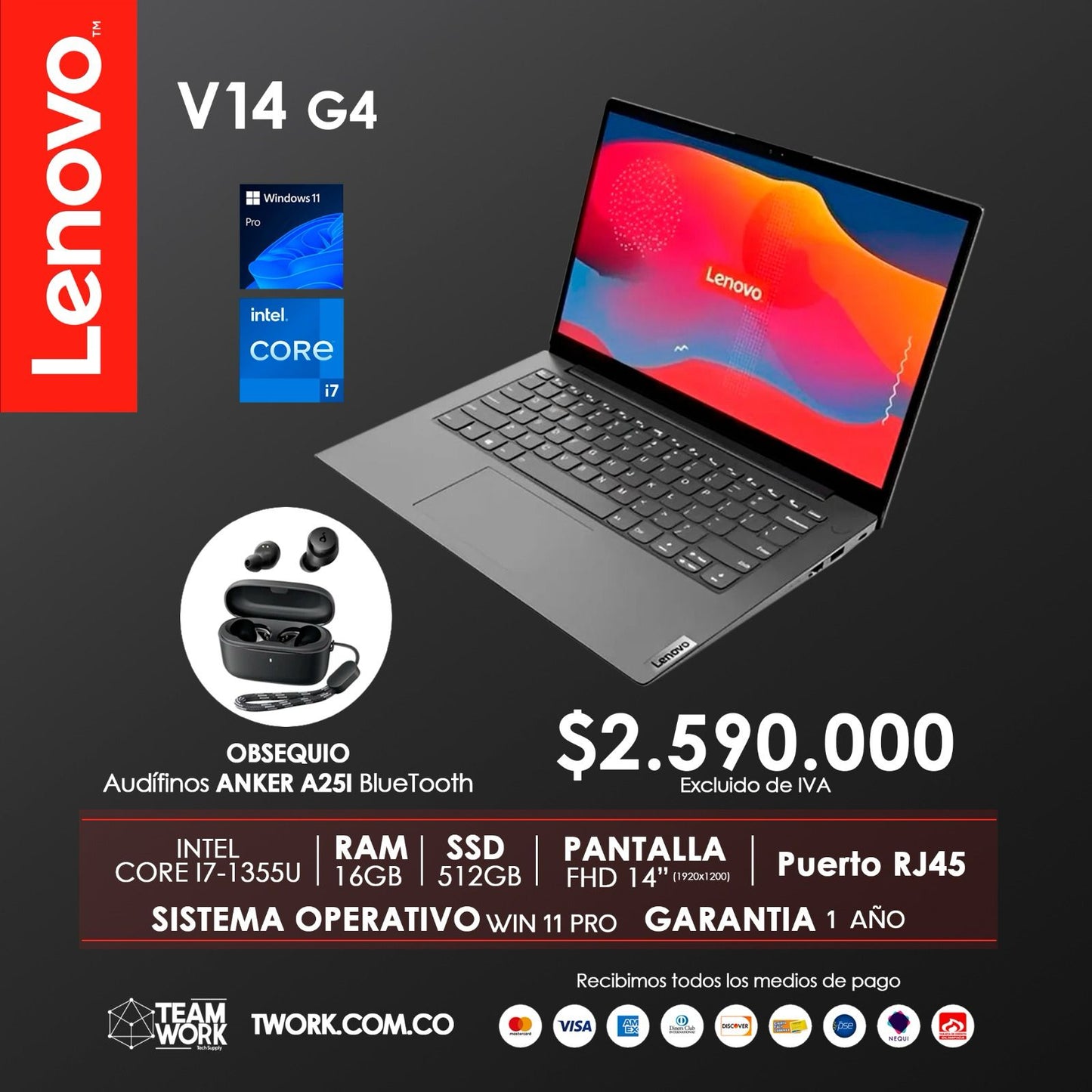 PORTÁTIL LENOVO V14 G4 + AUDIFONOS ANKER A25I