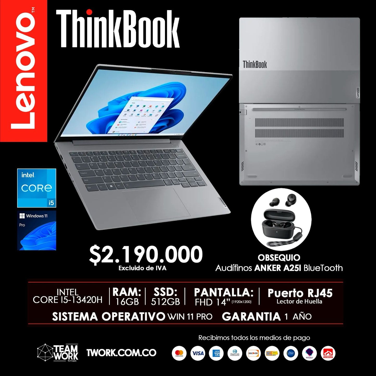 PORTÁTIL LENOVO THINKBOOK CORE I5 DE 16GB RAM Y 512GB SSD + AUDIFONOS ANKER A25I