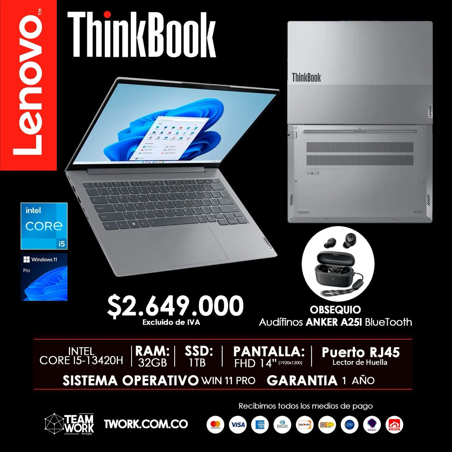 PORTÁTIL LENOVO THINKBOOK CORE I5 DE 32GB RAM, 1TB SSD + AUDIFONOS ANKER A25I