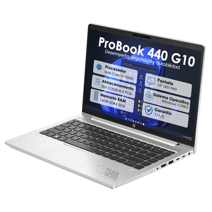 Portátil HP ProBook 440 G10, 14", Windows 11 Pro, Intel® Core™ i7, 16GB RAM, 512GB Unidad de estado sólido, FHD