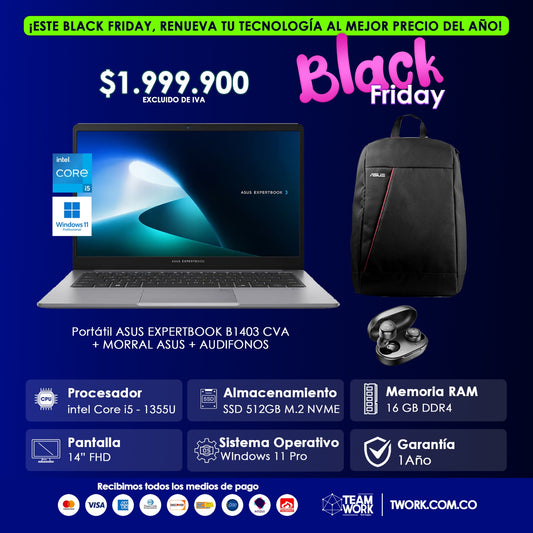PORTATIL ASUS EXPERTBOOK 16GB RAM, 512GB + MALETA ASUS + AUDIFONOS INALAMBRICOS AGILE SOLO