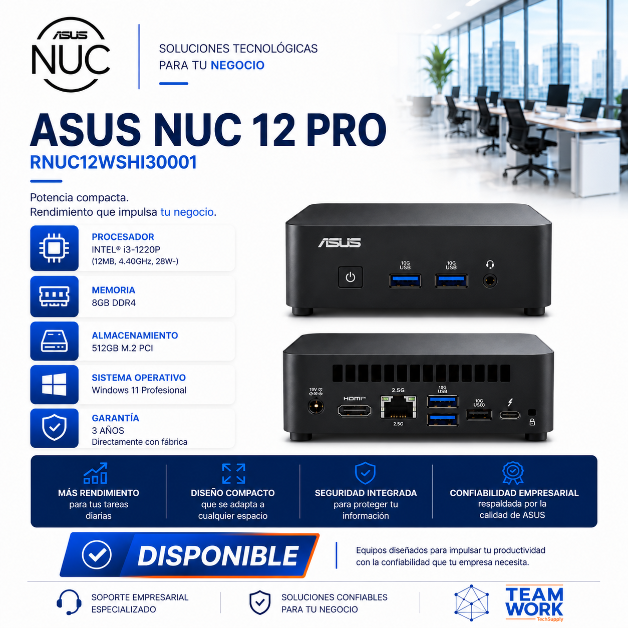 ASUS NUC 12 PRO | Intel® Core™ i3-1220P | 8GB RAM | 512GB SSD M.2 | Windows 11 Pro