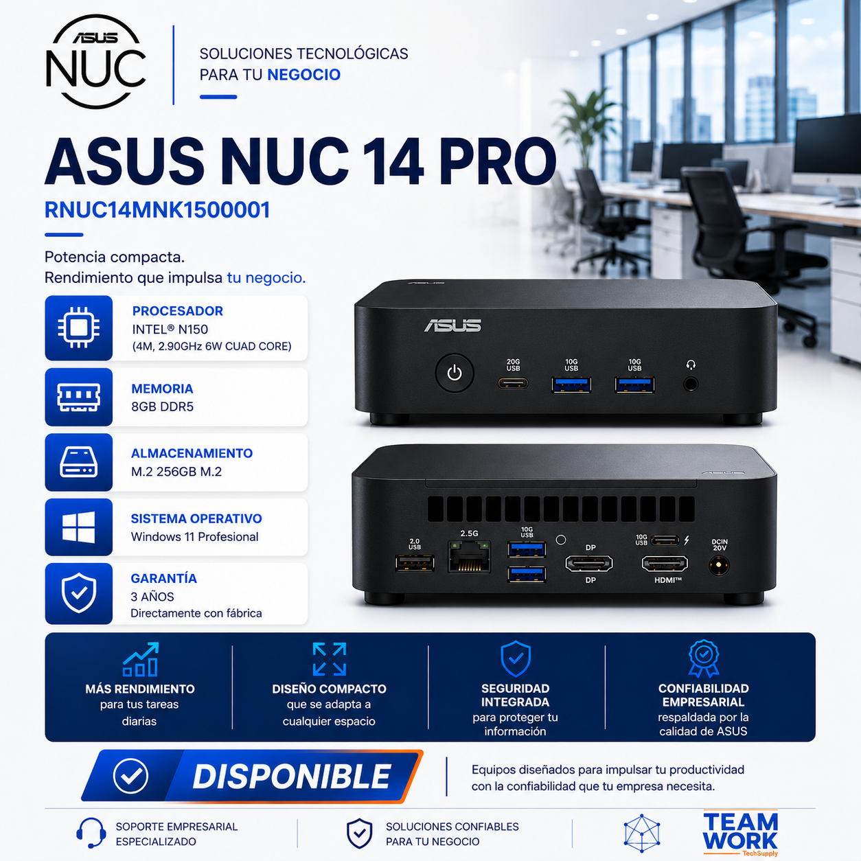 ASUS NUC 14 PRO Mini PC – Intel® N150 | 8GB DDR5 | 256GB SSD M.2 | Windows 11 Pro