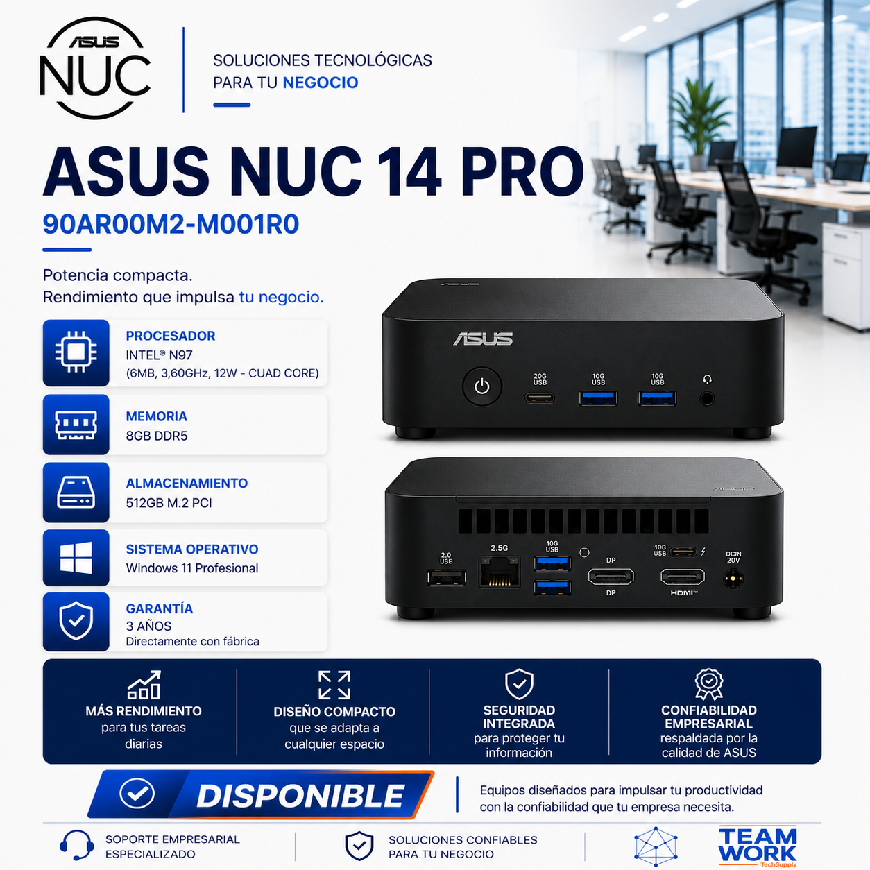 ASUS NUC 14 PRO Mini PC – Intel® N97 | 8GB DDR5 | 512GB SSD M.2 | Windows 11 Pro