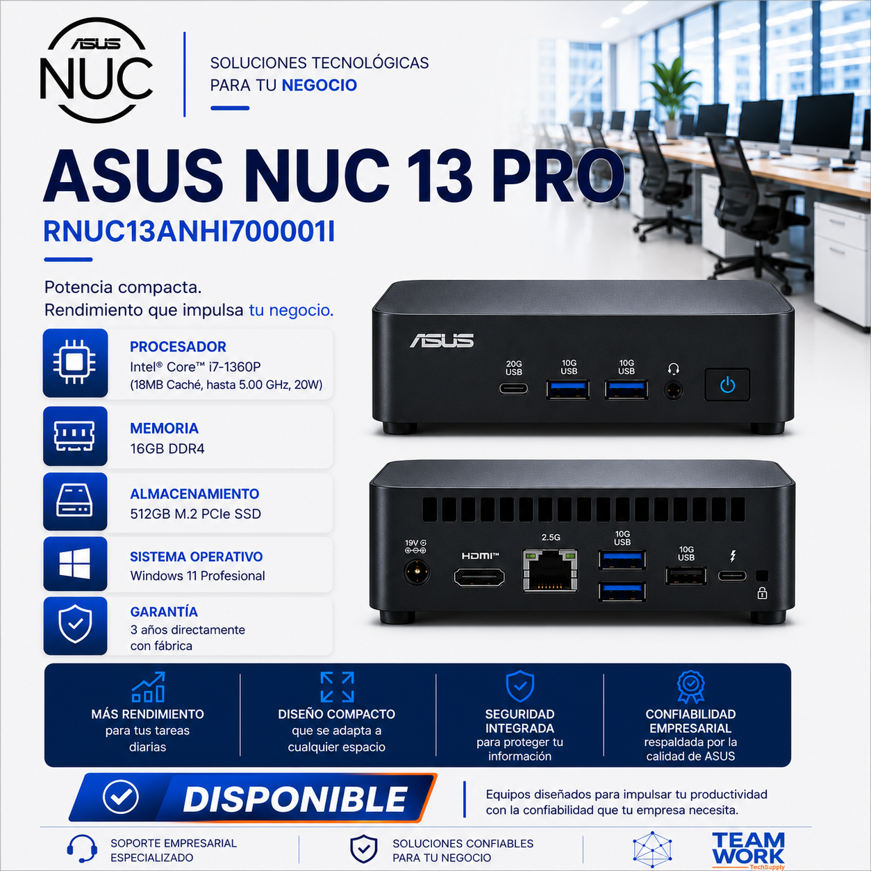 ASUS NUC 13 PRO Mini PC – Intel® Core™ i7-1360P | 16GB DDR4 | 512GB SSD M.2 PCIe | Windows 11 Pro