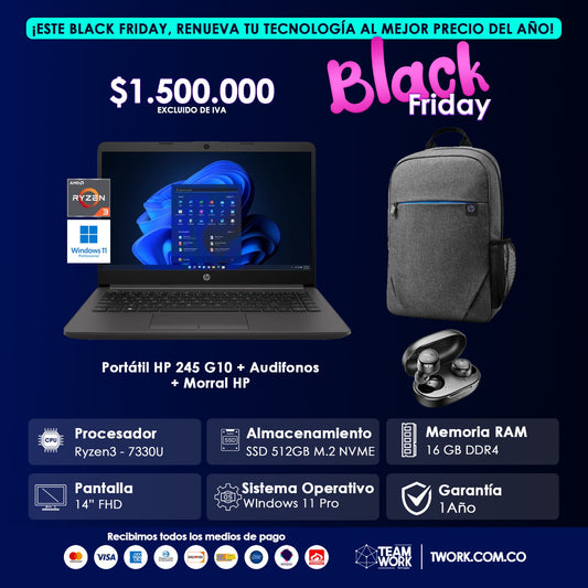 PORTÁTIL HP 245 G10 AMD RYZEN 3 16GB RAM, 512GB + TOZO AGILE SOLO + MORRAL HP