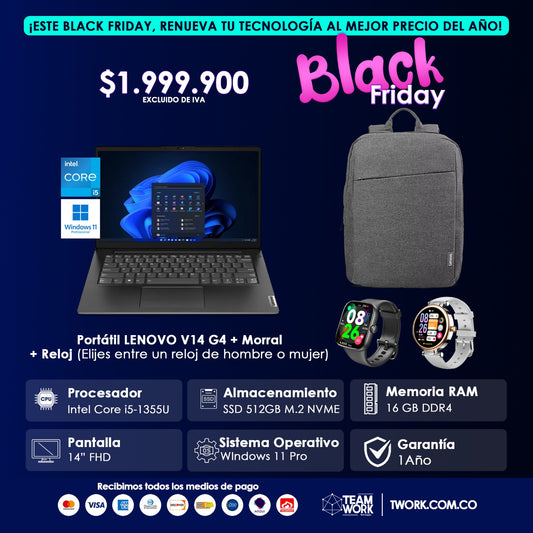 PORTÁTIL LENOVO V14 G4 16RAM, 512GB + MALETA LENOVO + RELOJ DE HOMBRE O MUJER