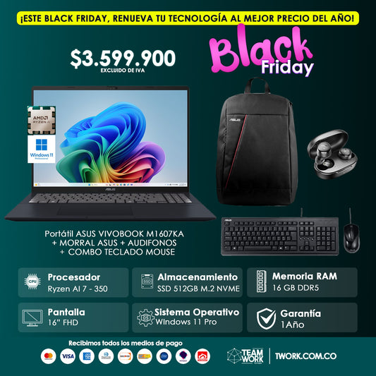 VIVOBOOK RYZEN 7 IA 16GB RAM, 512GB + COMBO TECLADO MOUSE ASUS + MALETA ASUS + AUDIFONOS TOZO AGILE SOLO