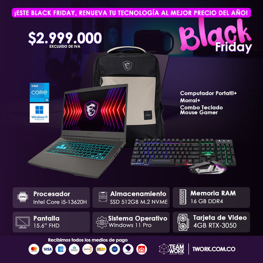 PORTÁTIL THIN15-B13UC PORTATIL MSI CORE I5-13620H, RAM 16GB, SSD 512GB, NVIDIA GeForce RTX 3050 4GB, 15.6 FH, WIN 11PRO + MALETA + COMBO TECLADO MOUSE GAMER