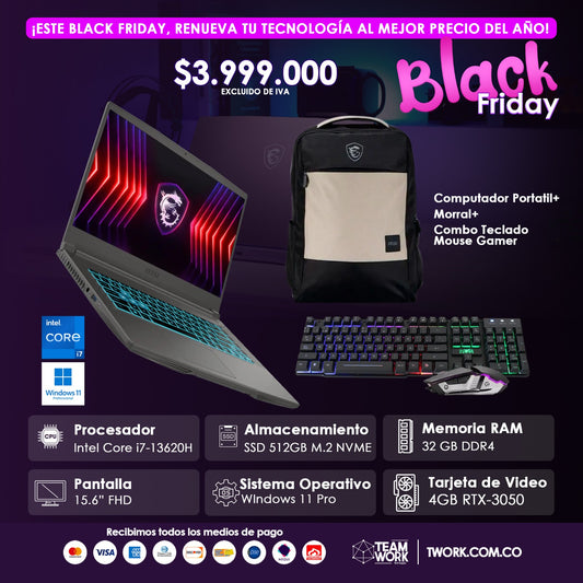 PORTÁTIL THIN15-B13UC PORTATIL MSI CORE I7-13620H, RAM 32GB, SSD 512GB, NVIDIA GeForce RTX 3050 4GB, 15.6 FH, WIN 11PRO + MALETA + COMBO TECLADO MOUSE GAMER