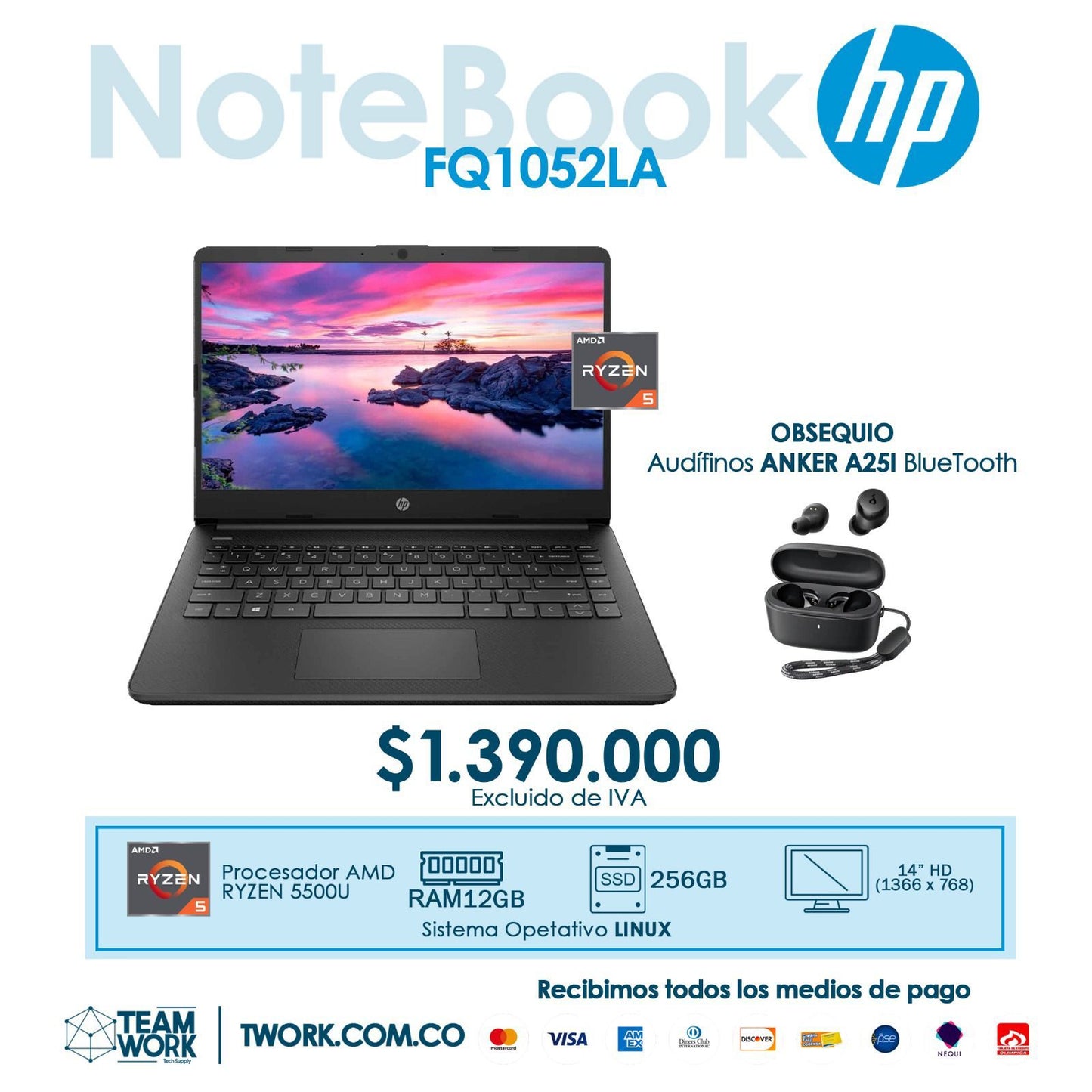 PORTÁTIL HP FQ105LA + AUDIFONOS ANKER A25I