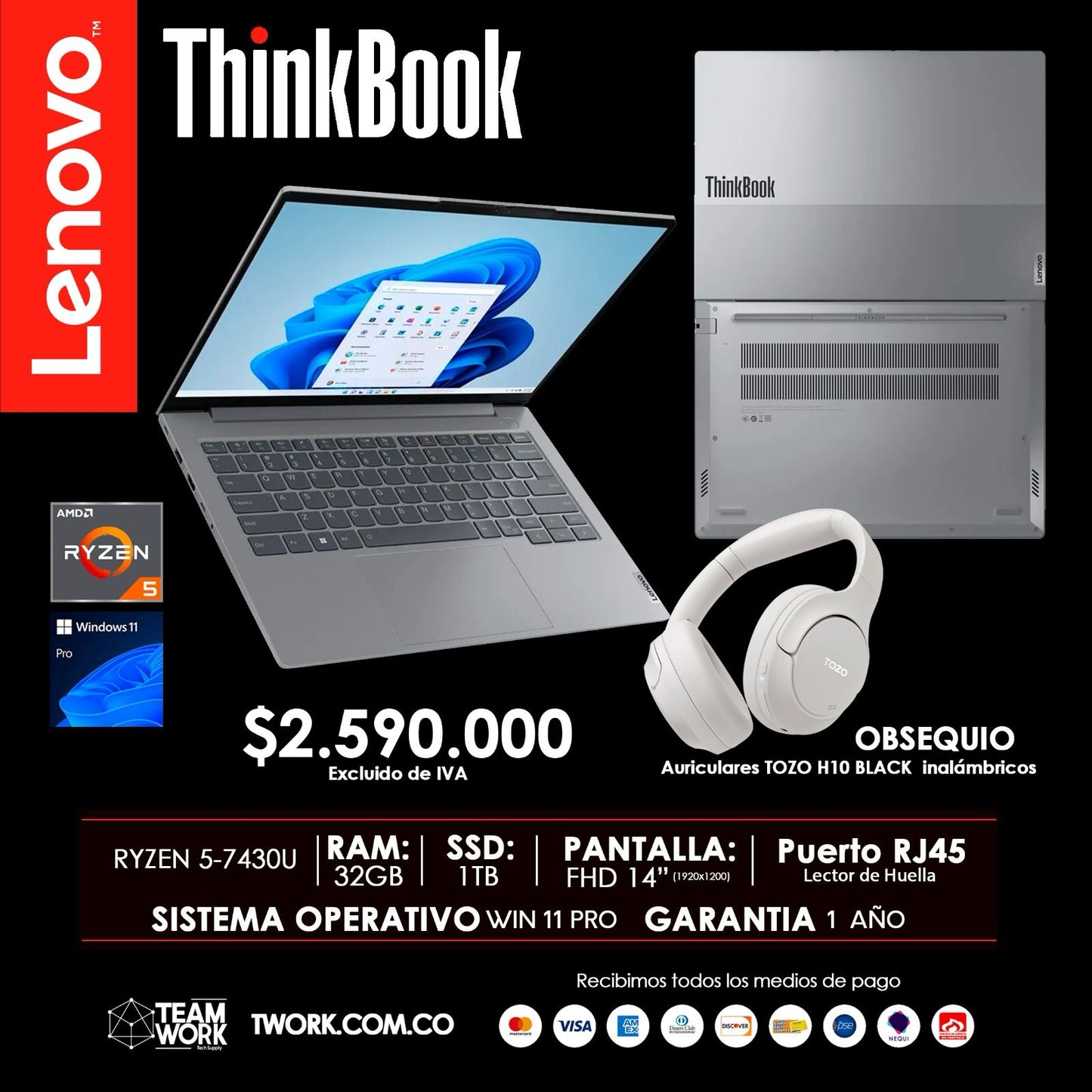 PORTÁTIL LENOVO THINKBOOK RYZEN 5 + AUDIFONOS DE DIADEMA TOZO