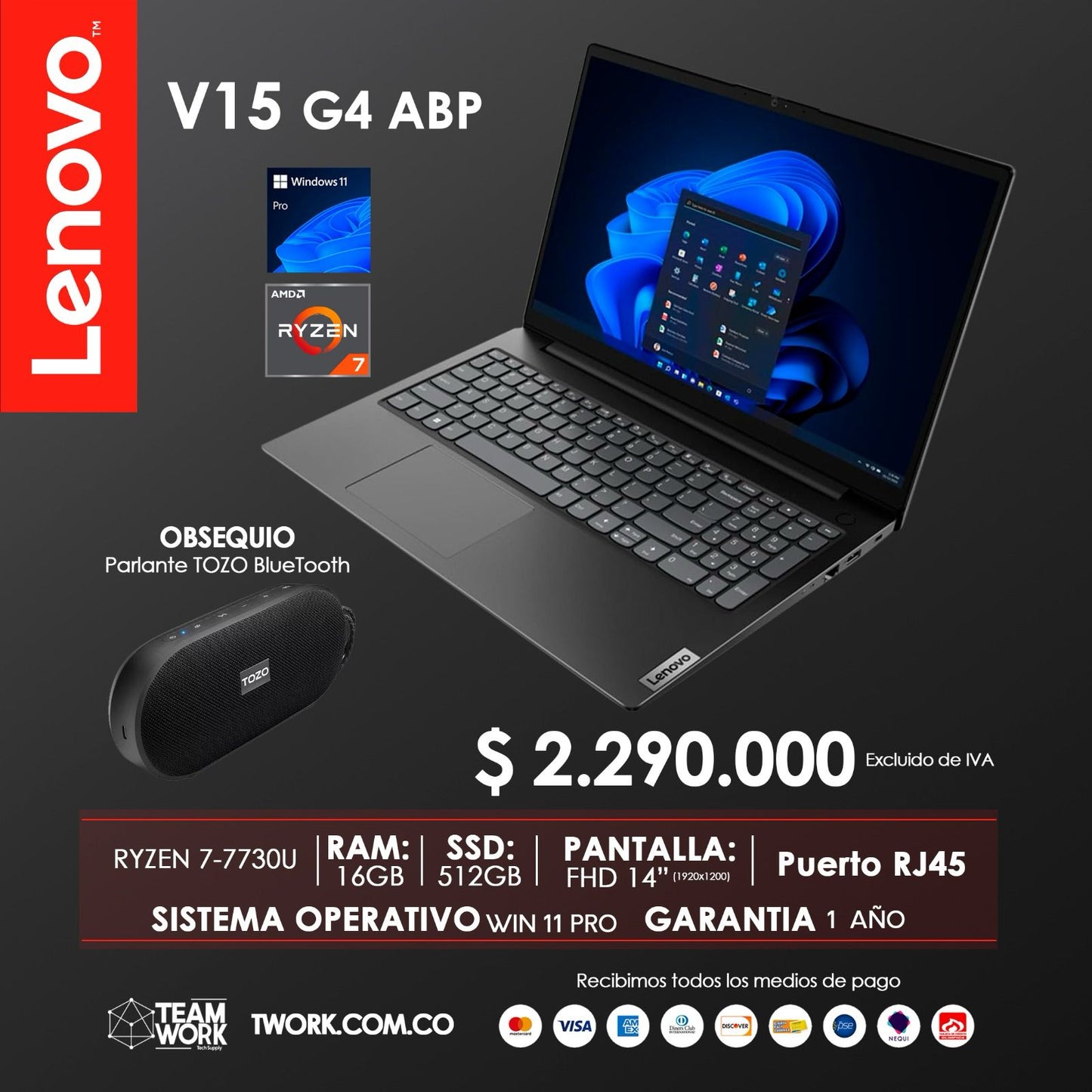 PORTÁTIL LENOVO V15 G4 ABP RYZEN 7 + PARLANTE TOZO PA1